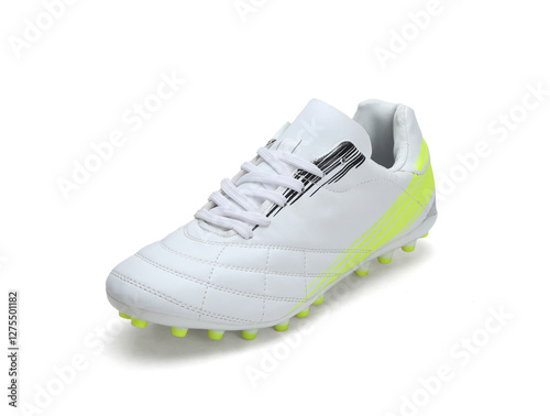 white and green striped design football shoes isolated  photo