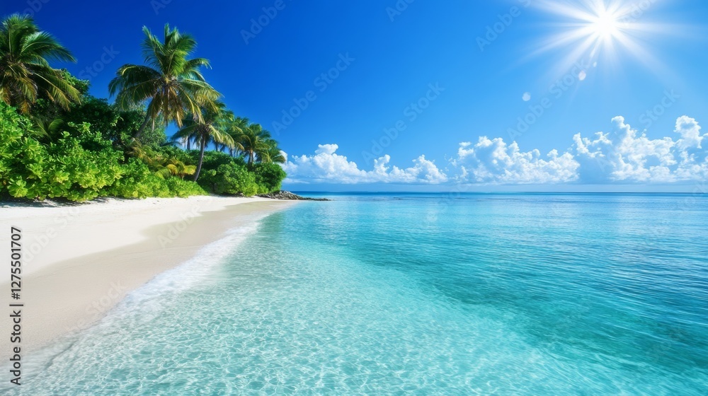 Fototapeta premium A tropical beach in Okinawa with crystal-clear waters, white sand, and lush palm trees,
