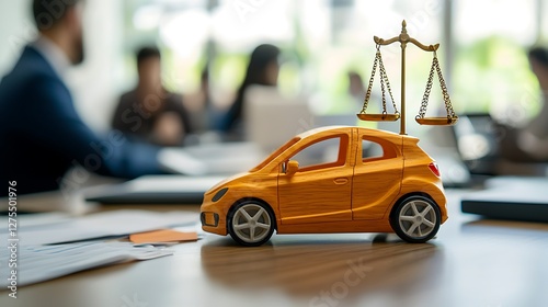 Car model with scales of justice on a table. Business people in the blurry background, likely discussing car law