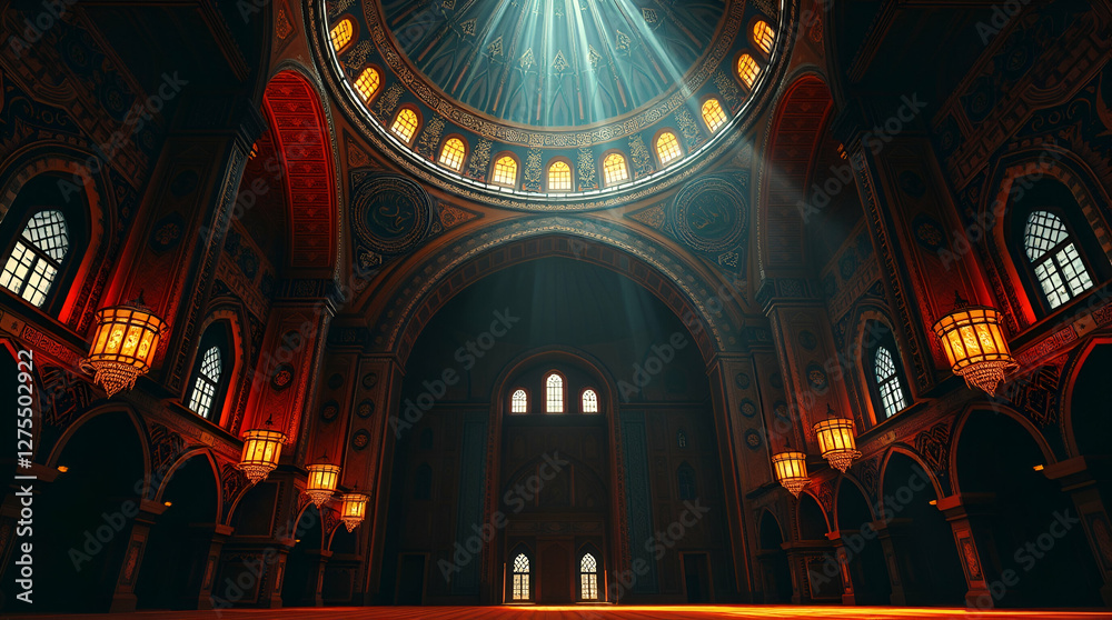 Obraz premium Dramatic Mosque Interior with Intense Lighting and Realistic Mosaics