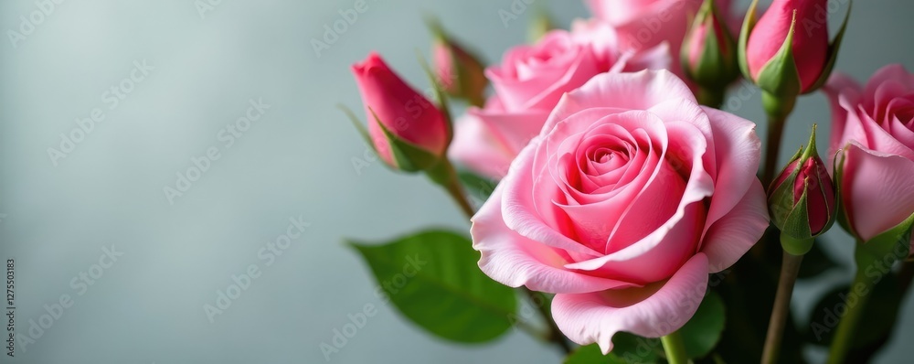 A bouquet of fresh pink roses with leafy greens and flower buds, pink roses, , botanicals