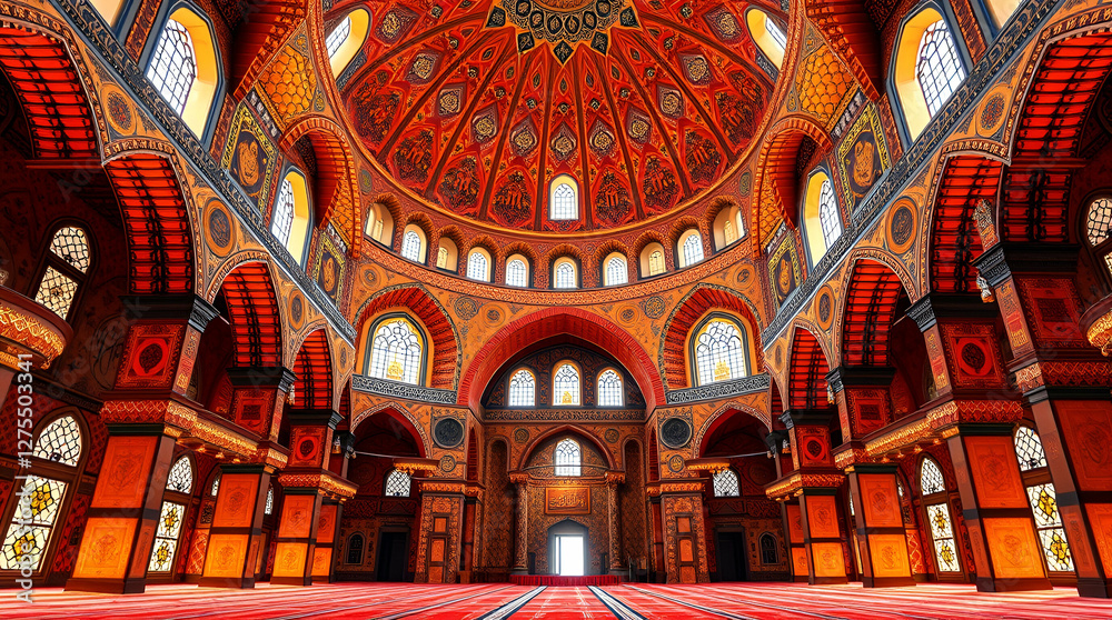 Obraz premium Realistic Mosque Interior with Warm Reds, Oranges, and Yellows and Intricate Mosaics