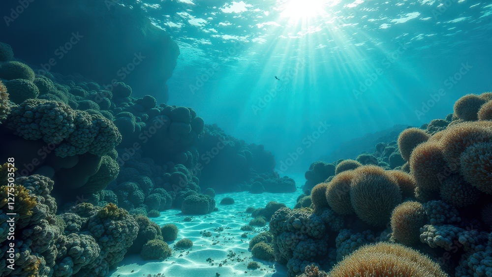 Sunlight illuminating underwater coral reef affected by coral bleaching Sunlight illuminating underwater coral reef affected by coral bleaching