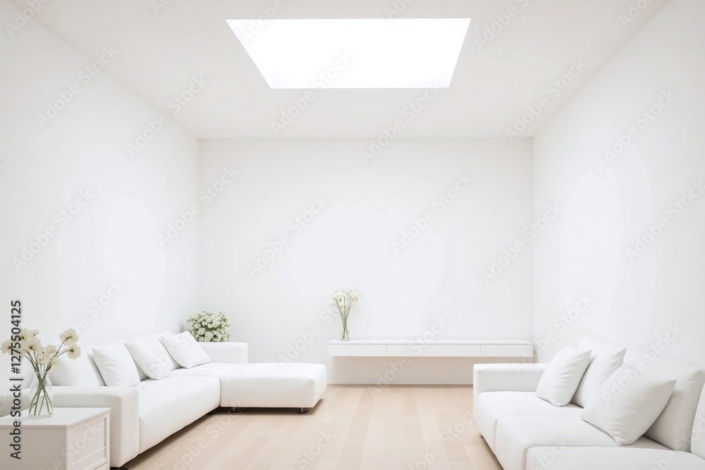 Fototapeta premium Modern living room white color scheme skylight white sofa (1)