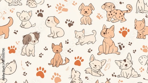 Cute Cartoon Animals Pattern with Dogs and Cats on Light Background