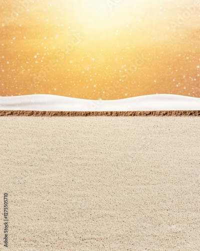 A serene landscape featuring a sandy foreground and gentle snow-covered hills under a glowing sun.