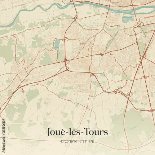 Vintage map of Joué-lès-Tours, France.