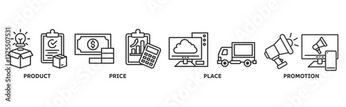 Marketing Mix icon set illustration concept with icon of product, price, place, promotion 