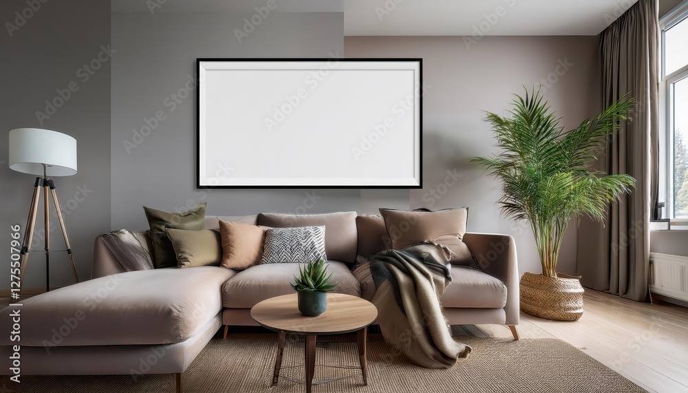 Obraz premium Modern Living Room Mockup with Frame A Chic Minimalist Space Bathed in Soft Light and Textured Neutrals, Perfect for Digital Art, Home Decor, or Design Inspiration.