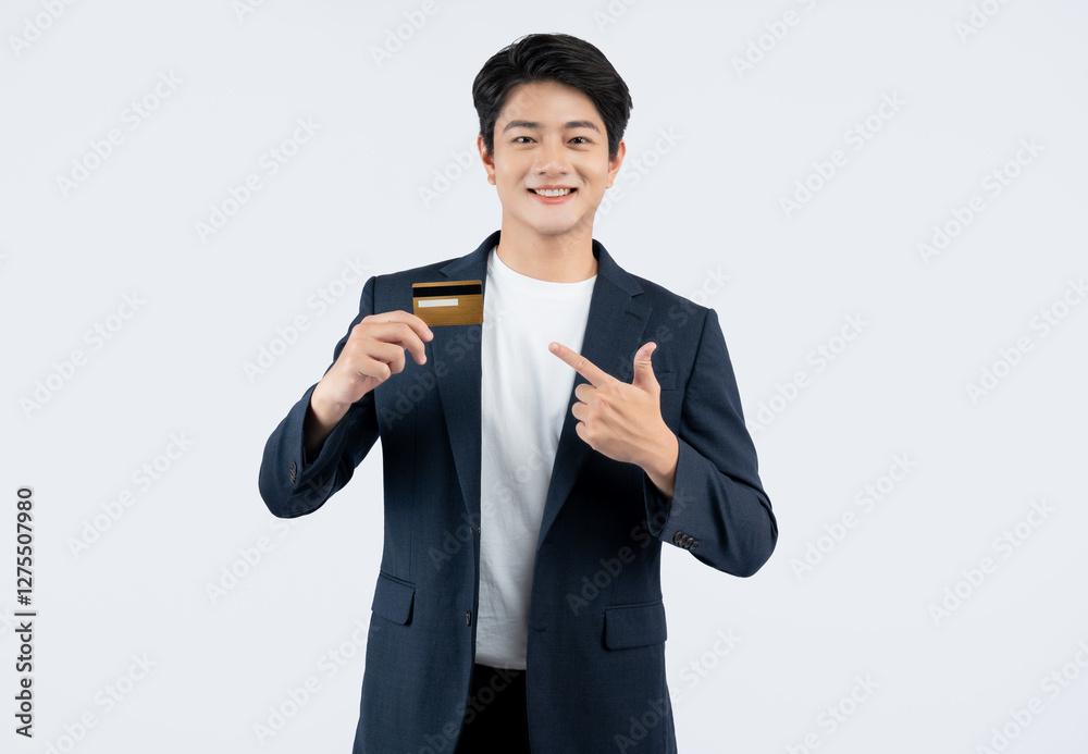 Portrait of young Asian business man holding bank card and posing on white background Portrait of young Asian business man holding bank card and posing on white background