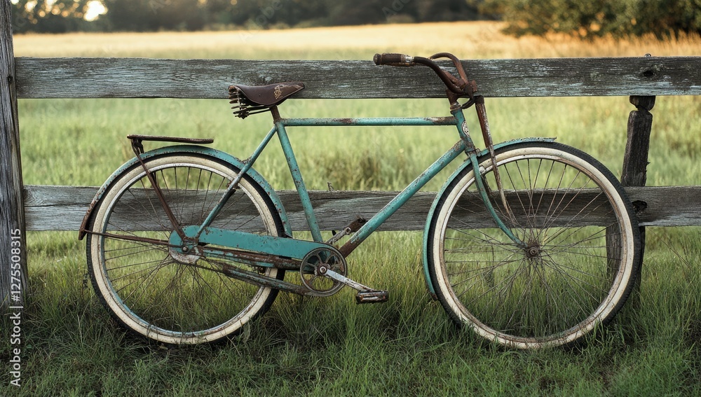 Rusty bike leaning on rural fence at sunset Rusty bike leaning on rural fence at sunset