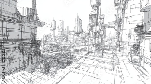 Futuristic Cityscape with Architectural Lines and Geometric Structures