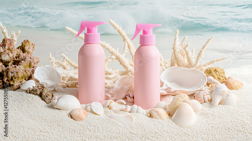 The photo shows two pink spray bottles sitting on a bed of white sand nestled amongst seashells and pieces of coral. The background is a tropical beach scene possibly for a mineral spray promo. photo