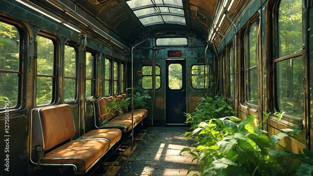 Video footage of interior of an old, abandoned train car with overgrown plants and sunlight streaming through the windows, creating a serene and nostalgic atmosphere