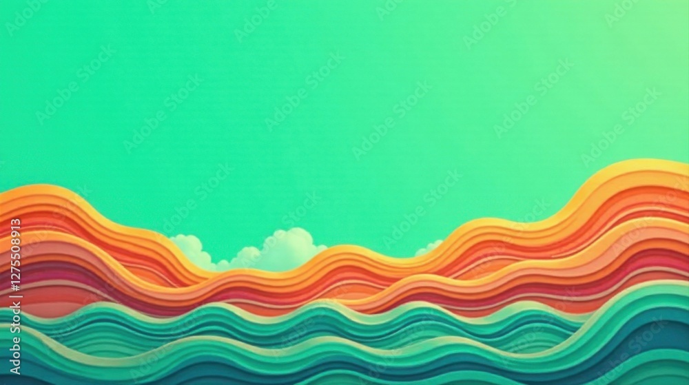 Fototapeta premium Abstract Colorful Wavy Landscape Design Featuring Vibrant Hues and a Serene Sky Background Ideal for Decorative Purposes