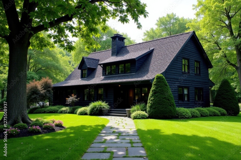 A Dark-Colored House with a Stone Walkway, Lush Green Lawn, and Mature Trees in a Serene Landscape A Dark-Colored House with a Stone Walkway, Lush Green Lawn, and Mature Trees in a Serene Landscape
