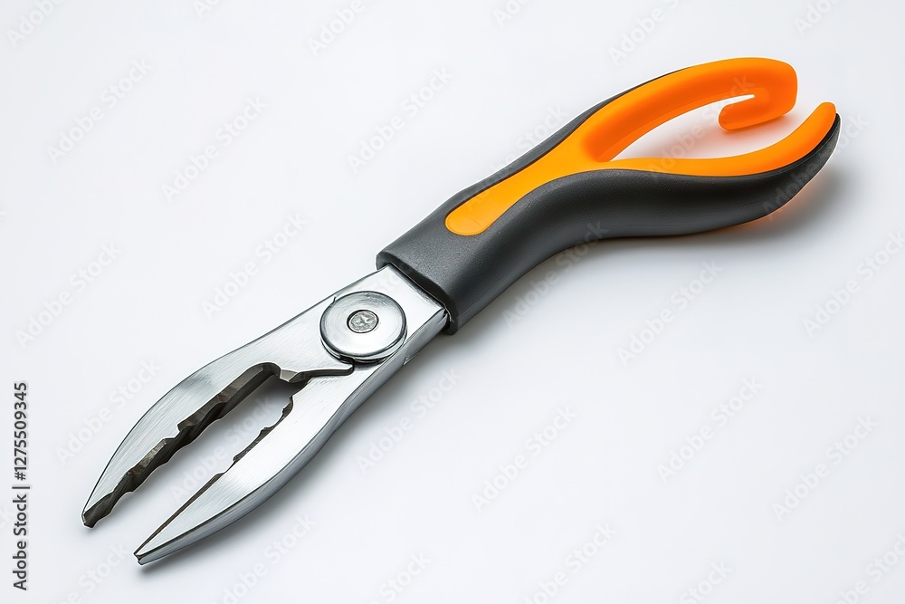 Precision Engineering: Close-up of Professional-Grade Pliers with Vibrant Orange and Black Ergonomic Handle, Isolated on White Background, Ideal for Mechanical, DIY, and Industrial Design Projects. Precision Engineering: Close-up of Professional-Grade Pliers with Vibrant Orange and Black Ergonomic Handle, Isolated on White Background, Ideal for Mechanical, DIY, and Industrial Design Projects.