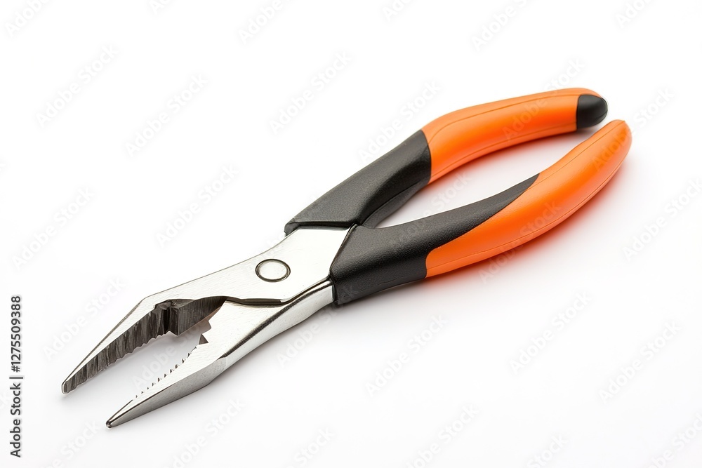 Precision Engineering: Close-up of Professional-Grade Pliers with a Striking Orange and Black Handle, Isolated on a Clean White Background. Ideal for Industrial, DIY, Mechanical, and Repair Visuals. Precision Engineering: Close-up of Professional-Grade Pliers with a Striking Orange and Black Handle, Isolated on a Clean White Background. Ideal for Industrial, DIY, Mechanical, and Repair Visuals.
