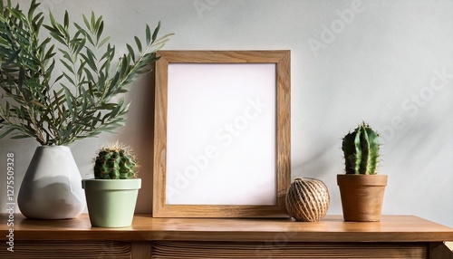 Rustic Elegance Empty Picture Frame Mockup on Wooden Desk with Olive Branches and Cactus, Conveying a Warm, Earthy Ambiance for Interior Design Inspiration