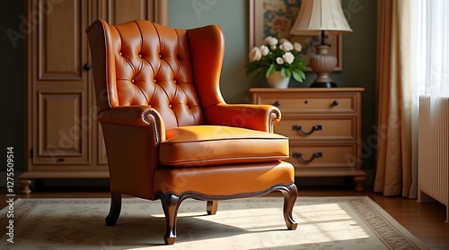 Elegant Living Space Featuring a Timeless Orange Leather Armchair Against a Sophisticated Backdrop