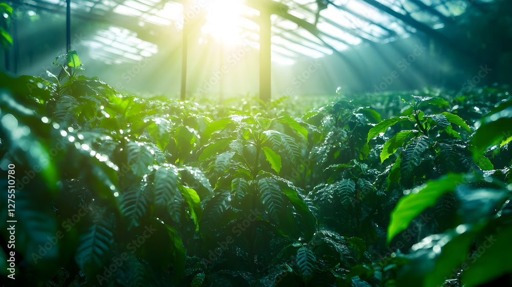Fototapeta premium coffee farm where genetically engineered coffee trees grow under artificial organic light, with robotic insects pollinating them 
