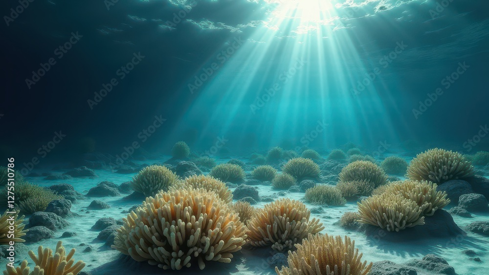 Fototapeta premium Underwater scene of bleached coral reef with sunlight filtering through water 