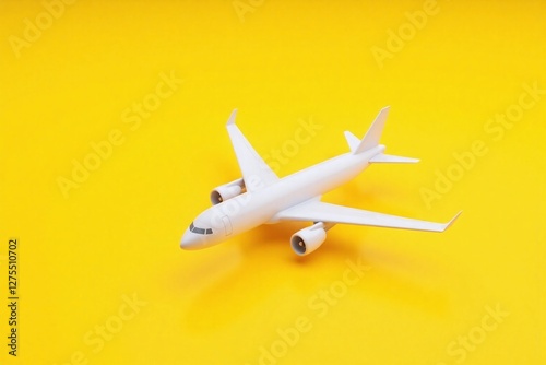 White airplane on bright yellow background wings spread out