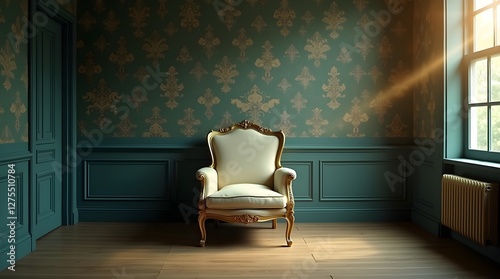 Dimly Lit Baroque Room with Ornate Wallpaper and Soft Glow, Creating a Mysterious and Elegant Atmosphere