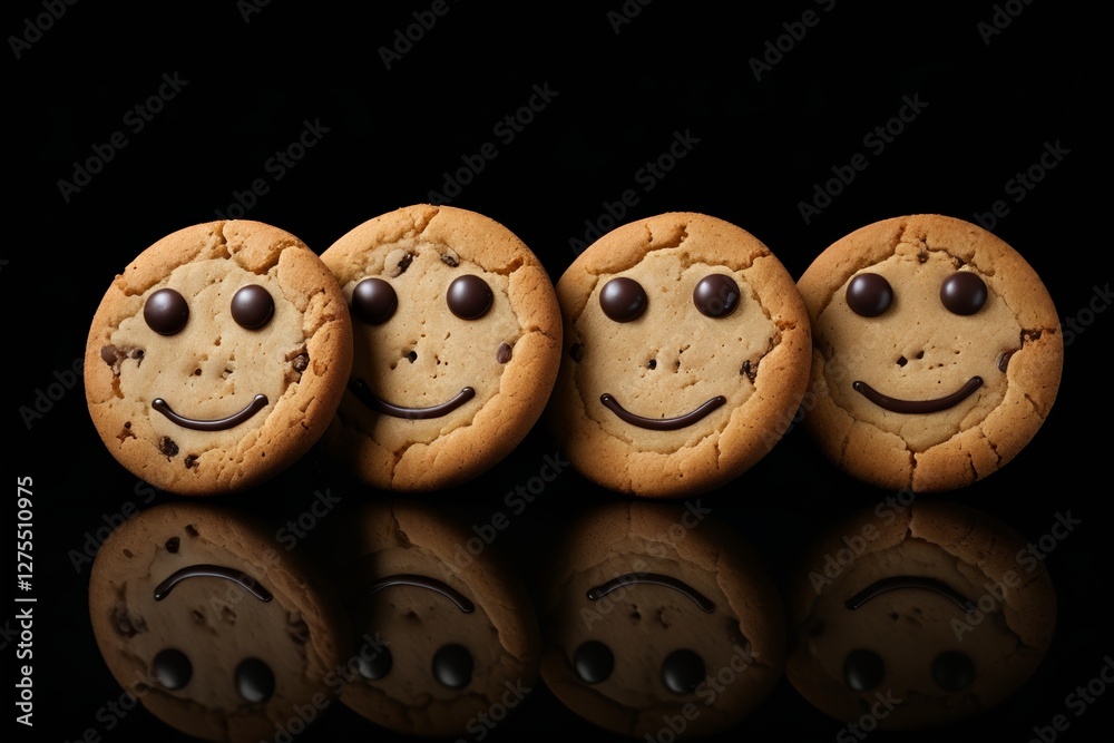 three cookies with chocolate chips and a smiley face on them three cookies with chocolate chips and a smiley face on them