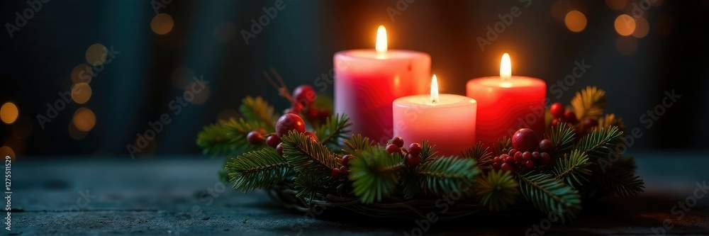 A wreath of candles and evergreen branches glows warmly in the dark, advent, soft, gentle A wreath of candles and evergreen branches glows warmly in the dark, advent, soft, gentle