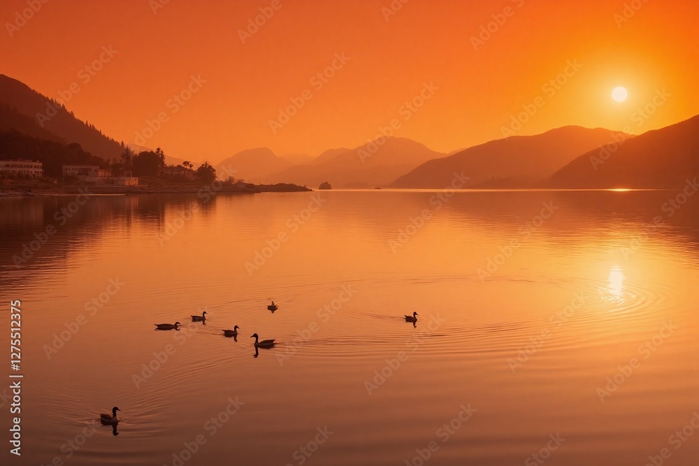 Fototapeta premium Sunset over water ducks island mountains reflection