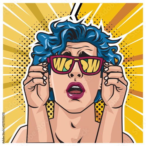 Awesome pop art face a man wearing sunglasses with the word wow written on it