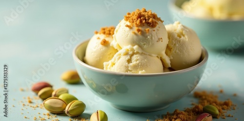 Bowl of pistachios and crunchy brown sugar-topped ice cream, brown sugar, ice cream, bowl