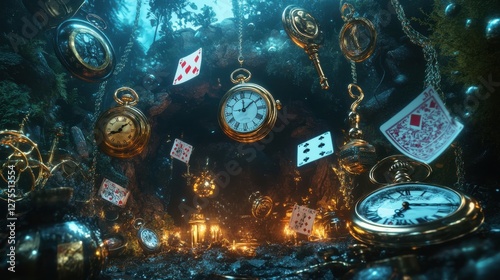 Enchanted Forest of Floating Clocks and Playing Cards in Twilight