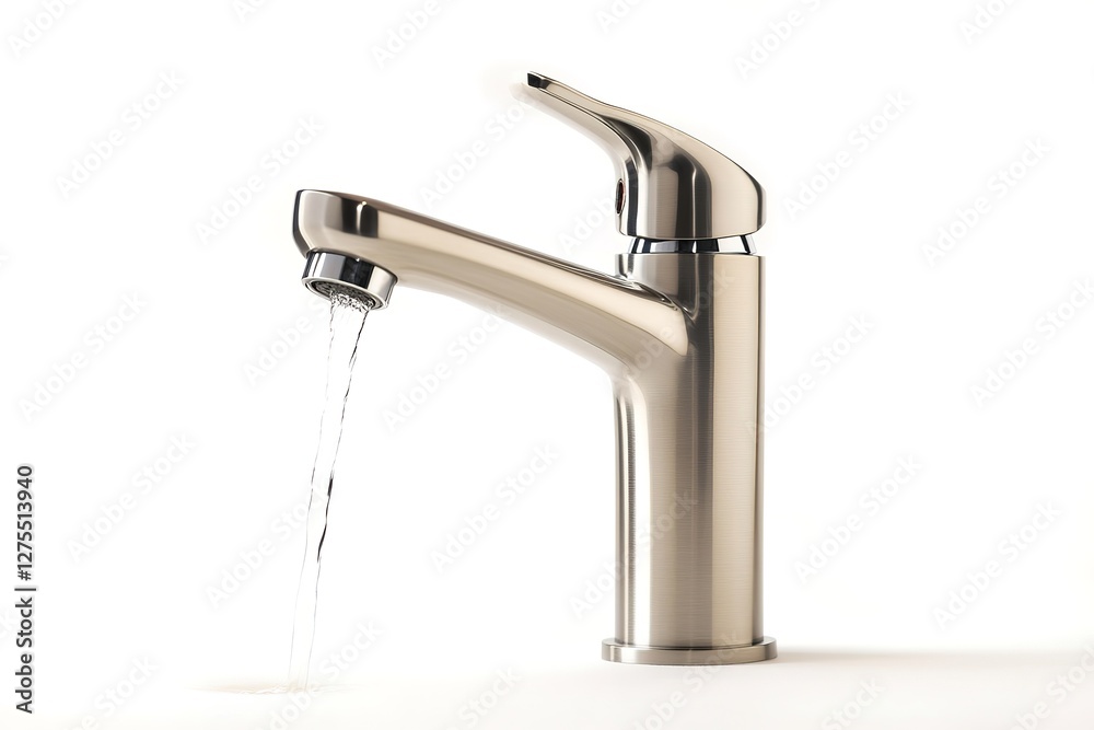 Crystal-clear water flowing from a pristine faucet, isolated against a stark white background. Perfect for websites, brochures, advertisements, and other design projects needing a refreshing, clean Crystal-clear water flowing from a pristine faucet, isolated against a stark white background. Perfect for websites, brochures, advertisements, and other design projects needing a refreshing, clean