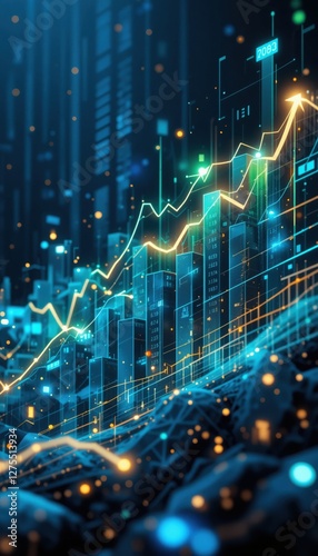 Bright lines and bars depict a vibrant data landscape showcasing significant growth in technology and finance. The backdrop of glowing grids emphasizes the digital realm's energy