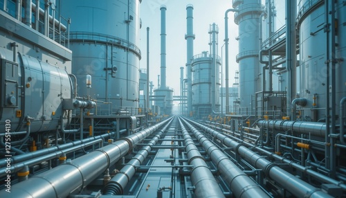 Metallic pipes crisscross through a vast refinery filled with towering structures, all gleaming under a clear, blue sky, showcasing the complexity of industrial design and engineering