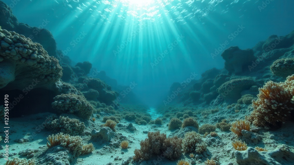 Fototapeta premium Underwater coral reef affected by coral bleaching with sunlight filtering in 