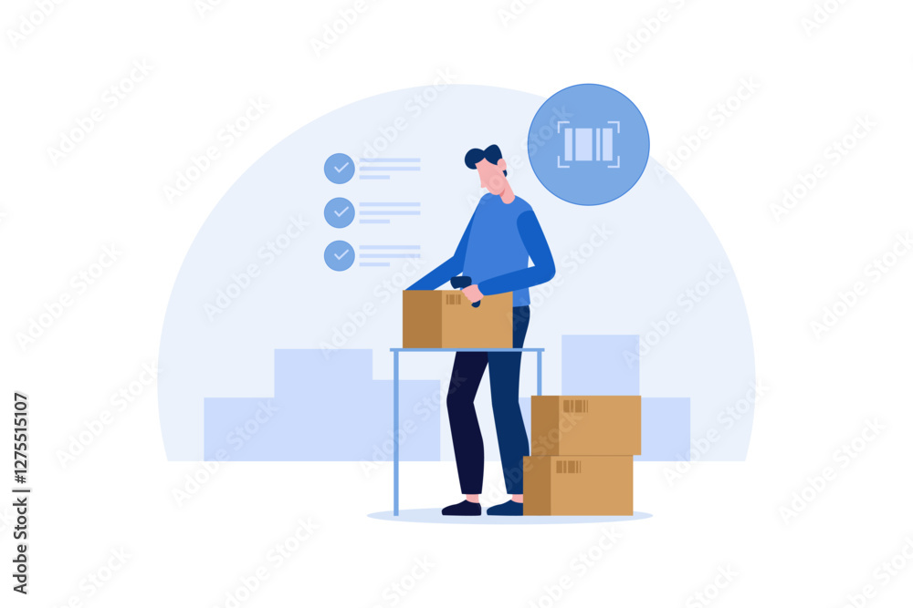 Warehouse worker scanning barcodes on packages for inventory tracking. Warehouse worker scanning barcodes on packages for inventory tracking.