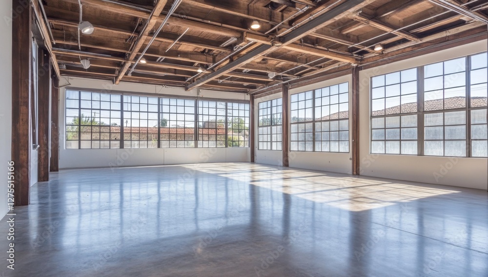 Sunlit industrial loft space, polished concrete floor, city view, event venue Sunlit industrial loft space, polished concrete floor, city view, event venue