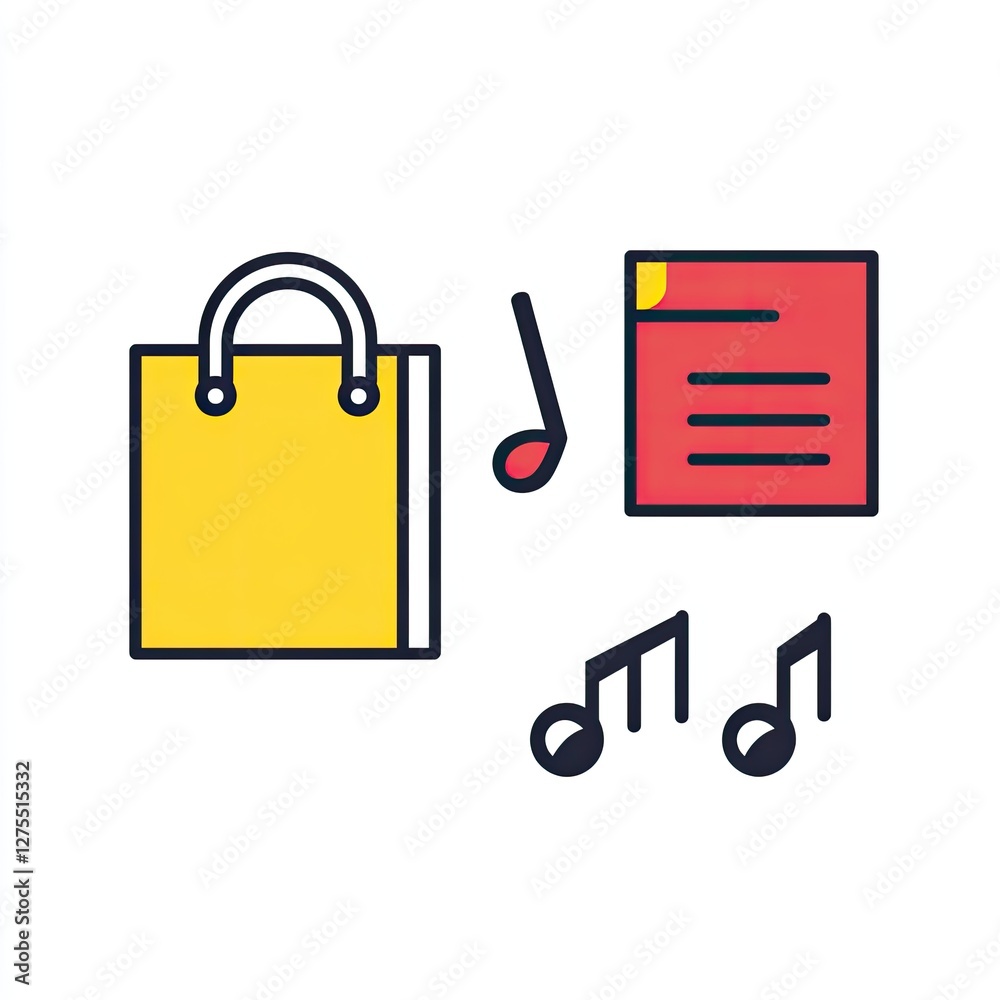 Shopping Bag, Music Notes, Album, Flat Design Shopping Bag, Music Notes, Album, Flat Design