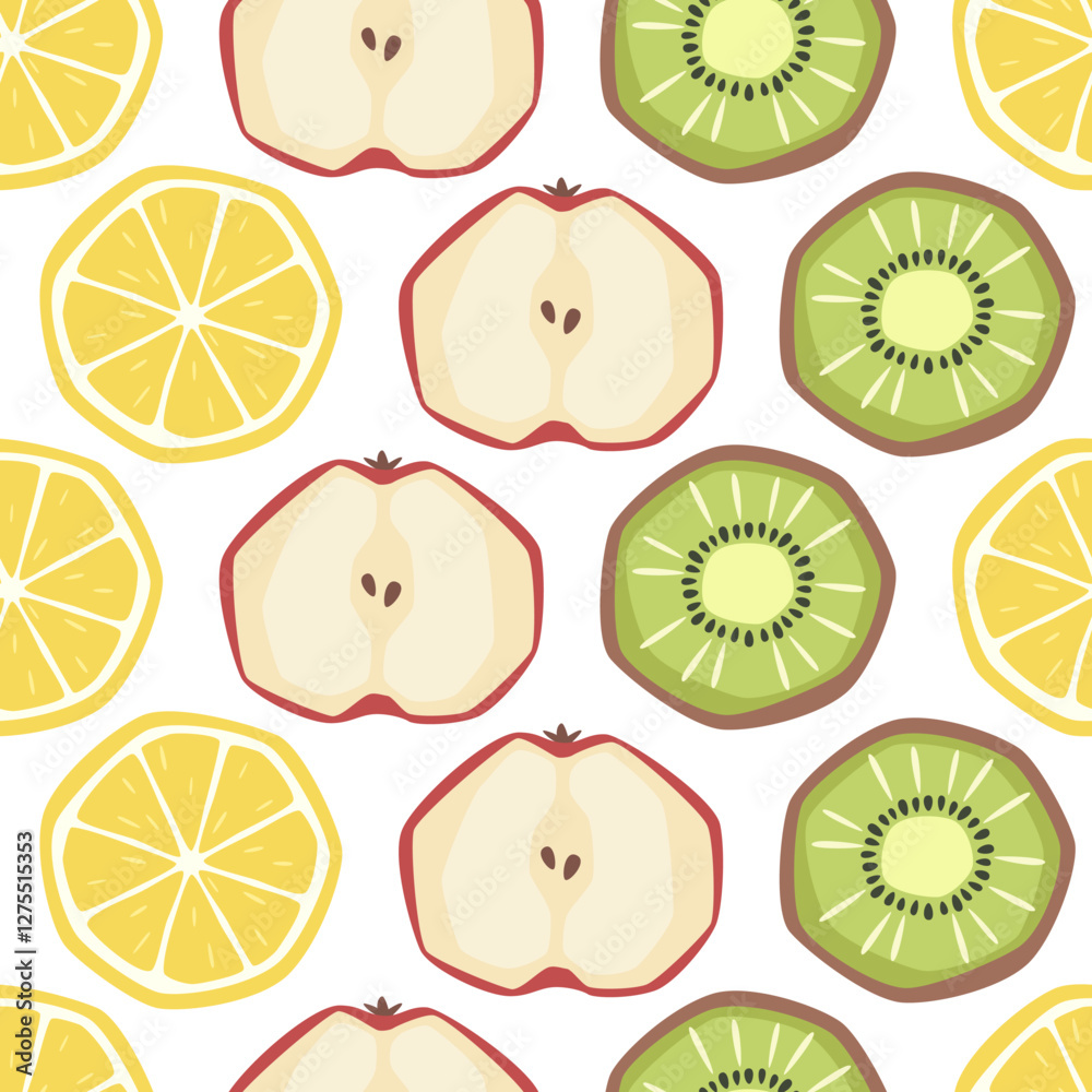 Vector seamless pattern with lemon, apple and kiwi fruit on white background