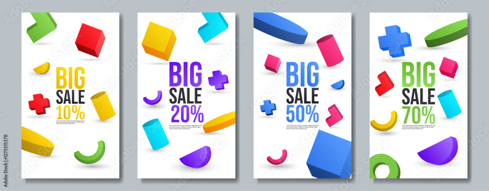 Modern abstract sale banners with geometric 3d shapes. Perfect for promotions, discounts, shopping ads, and marketing. Vector template, fully editable for commercial use. Modern abstract sale banners with geometric 3d shapes. Perfect for promotions, discounts, shopping ads, and marketing. Vector template, fully editable for commercial use.