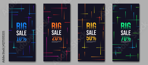 Sale brochures with dark backdrop and bright gradient lines. Perfect for promotions, discounts, shopping ads, and marketing. Vector illustration.
