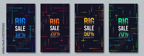 Sale brochures with dark backdrop and bright gradient lines. Perfect for promotions, discounts, shopping ads, and marketing. Vector illustration.
