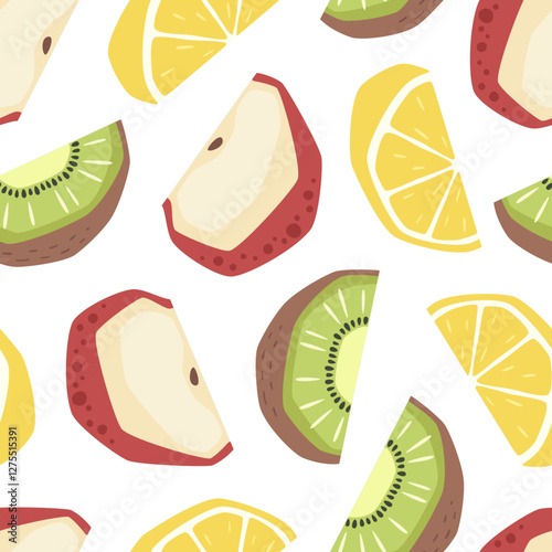 Vector seamless pattern with lemon, apple and kiwi fruit on white background