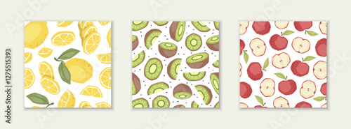 Set of vector seamless patterns with lemon, apple and kiwi fruit on white background