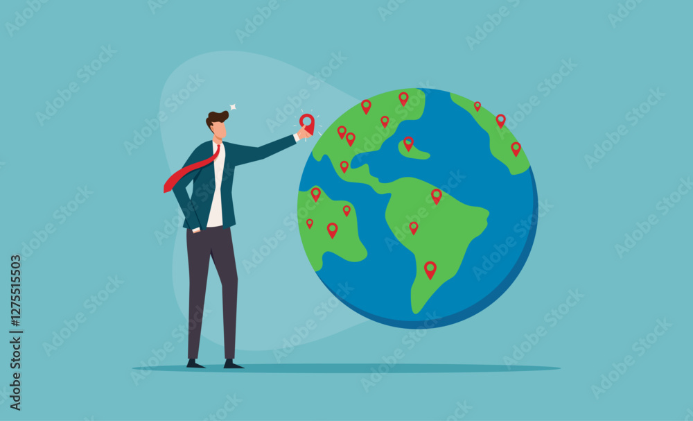 Businessman showing location pin on globe, ideal for travel and global business concepts. Cloudy background adds a sense of connection Businessman showing location pin on globe, ideal for travel and global business concepts. Cloudy background adds a sense of connection