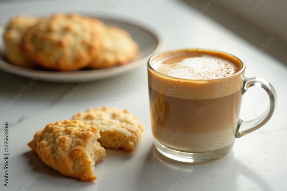A cup of layered coffee with frothy milk and sweet baked goods nearby on a bright surface A cup of layered coffee with frothy milk and sweet baked goods nearby on a bright surface