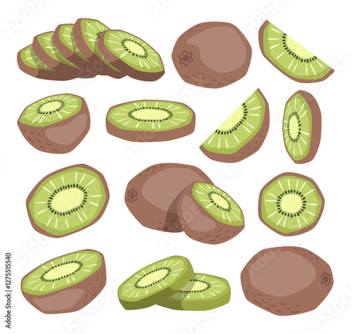 Vector isolated set of kiwis, whole, half and slices